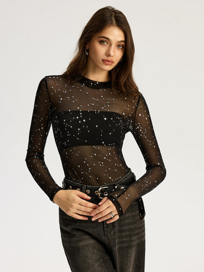 Parıltılı Yıldız Şeffaf File Uzun Kollu Bodysuit