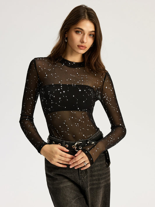 Parıltılı Yıldız Şeffaf File Uzun Kollu Bodysuit