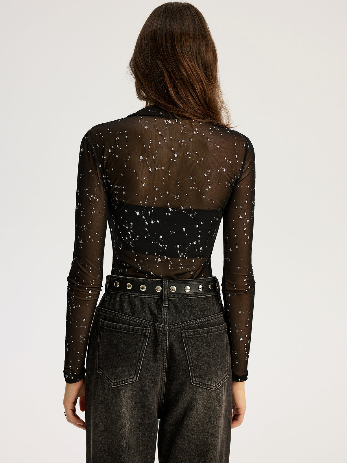 Parıltılı Yıldız Şeffaf File Uzun Kollu Bodysuit