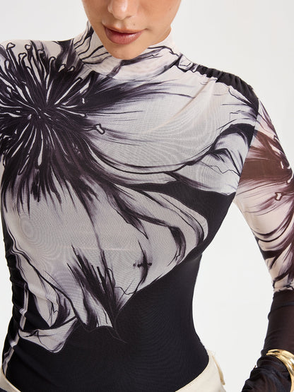 Çiçek Desenli Yerleştirme Baskılı File Bodysuit