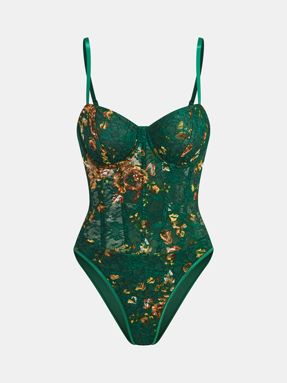 Çiçek Desenli Nakışlı Büstiyer Korse Bodysuit