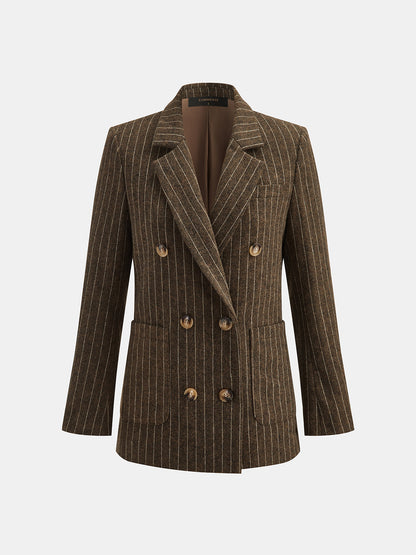 İnce Çizgili Kruvaze Yün Karışımlı Blazer Ceket