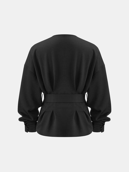 Çentikli V Yaka Kemerli Peplum Sweatshirt