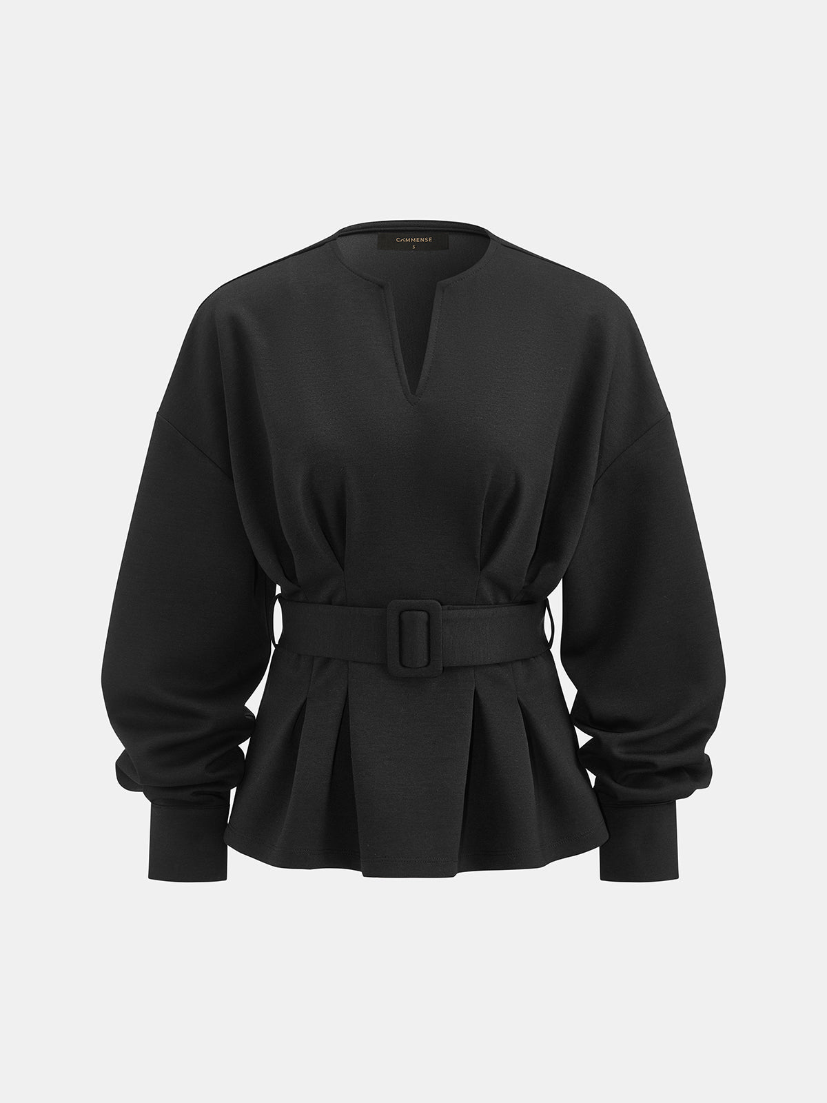 Çentikli V Yaka Kemerli Peplum Sweatshirt
