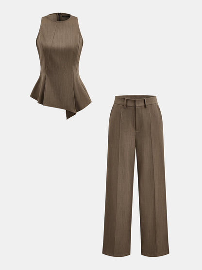 Asimetrik Peplum Üst ve Düz Paça Pantolon Takımı