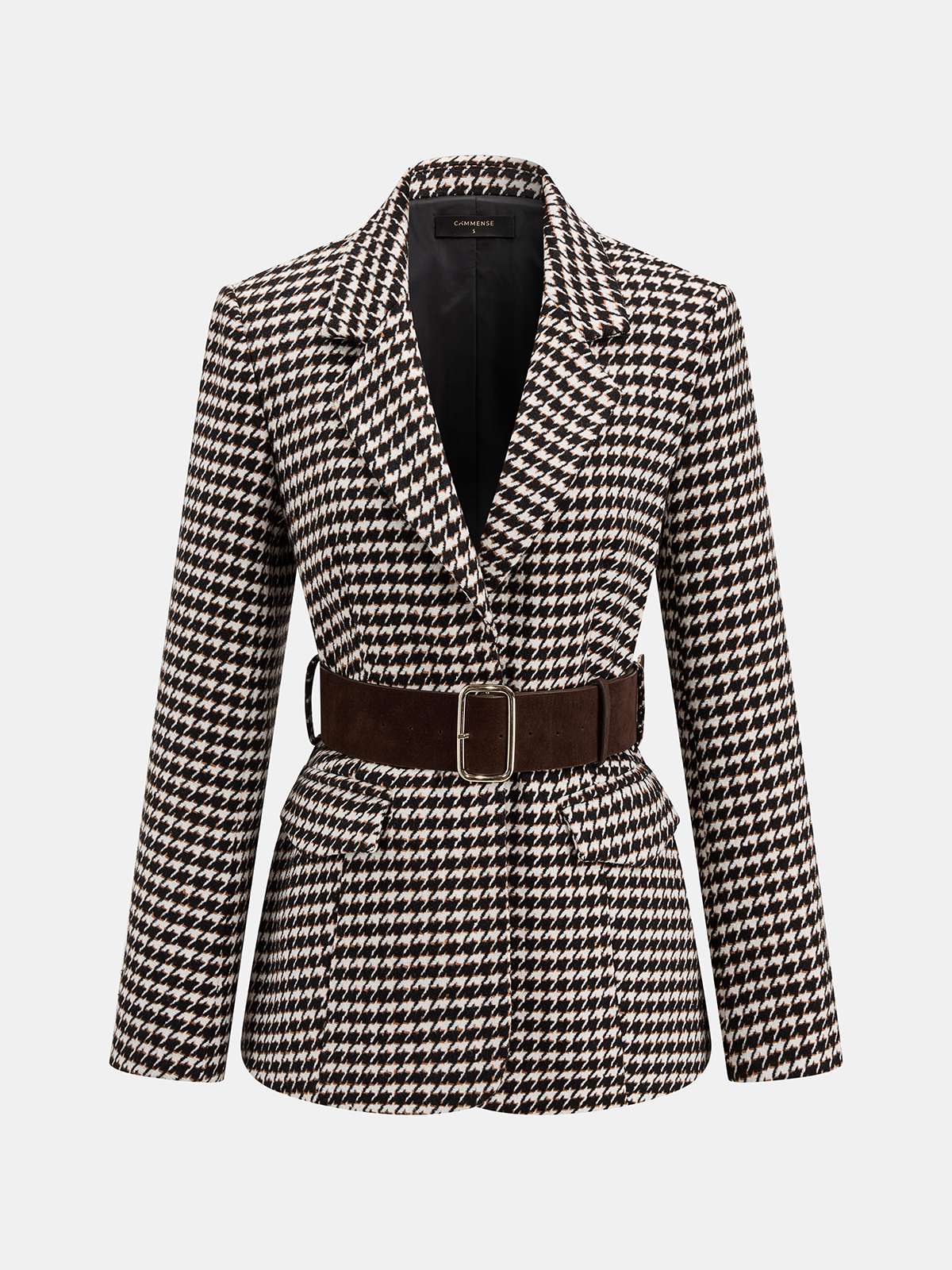 Geniş Kemerli Kazayağı Desenli Blazer Ceket
