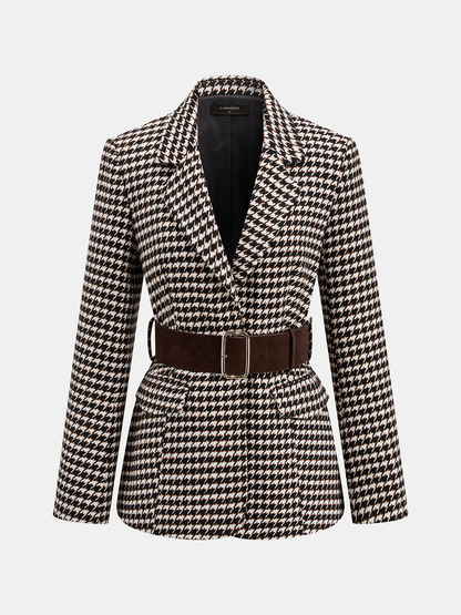 Geniş Kemerli Kazayağı Desenli Blazer Ceket