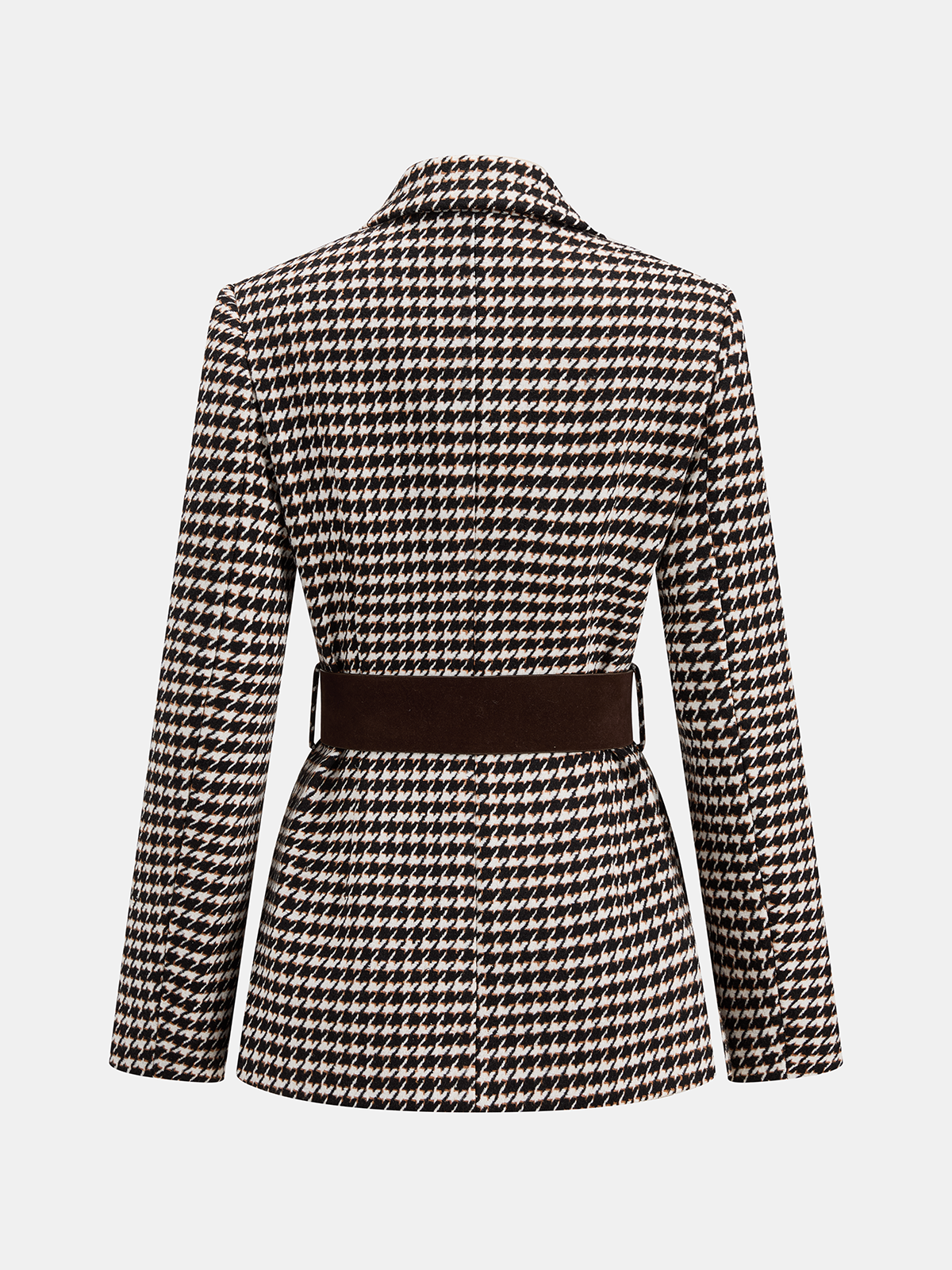 Geniş Kemerli Kazayağı Desenli Blazer Ceket