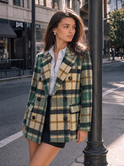 Çok Renkli Ekose Klasik Kesim Kruvaze Blazer Ceket