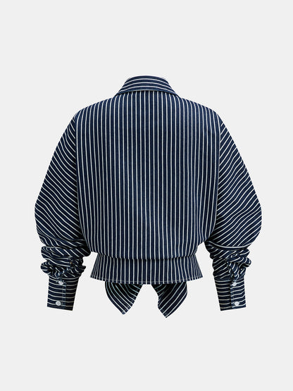 Çizgili Önden Düğmeli Denim Gömlek