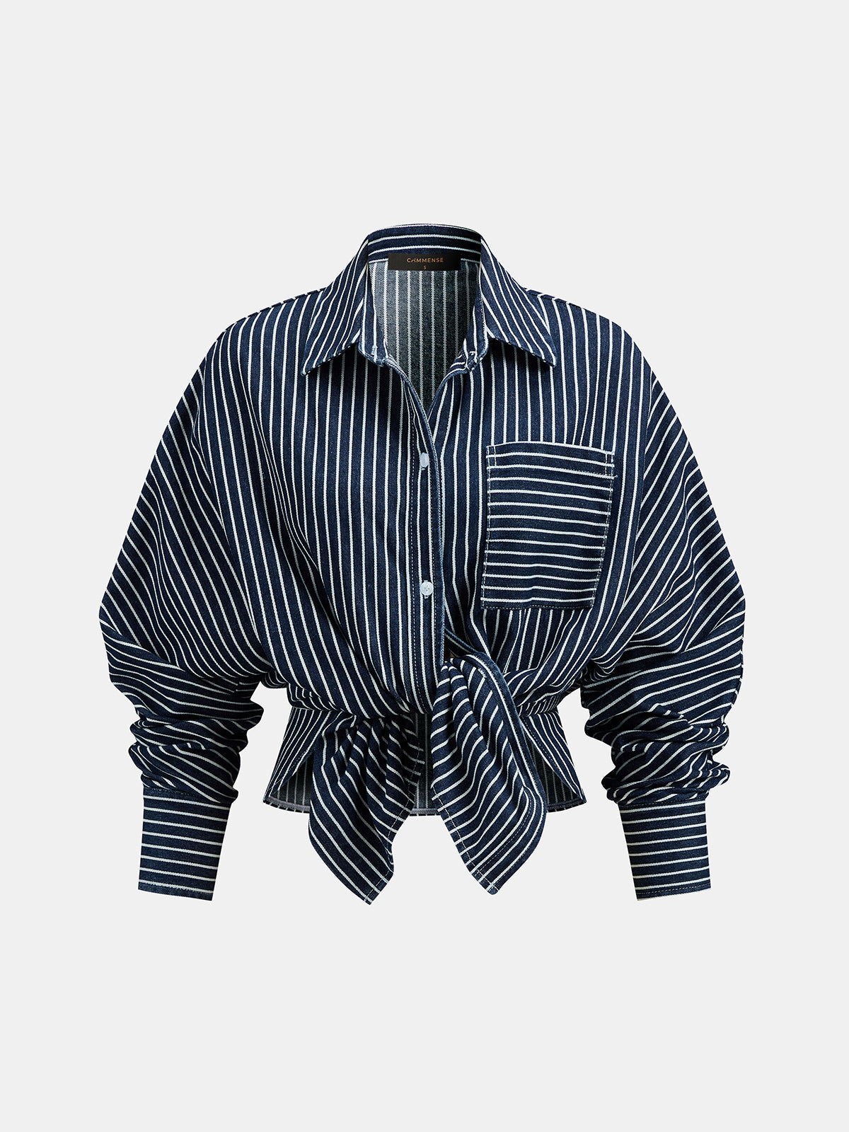 Çizgili Önden Düğmeli Denim Gömlek