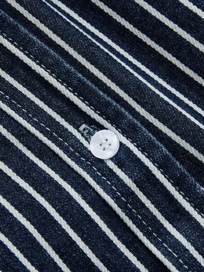 Çizgili Önden Düğmeli Denim Gömlek
