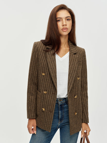 İnce Çizgili Kruvaze Yün Karışımlı Blazer Ceket