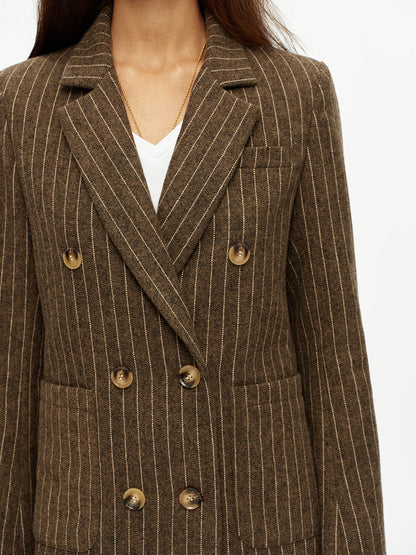 İnce Çizgili Kruvaze Yün Karışımlı Blazer Ceket