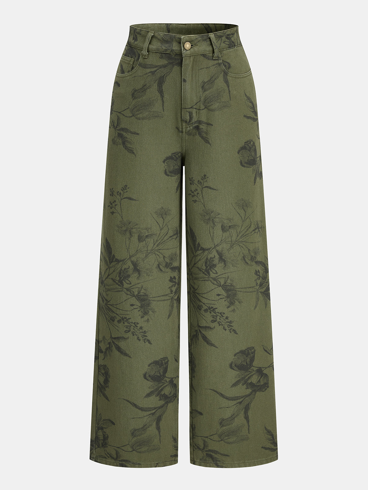 Vintage Çiçek Desenli Düz Paça Denim Pantolon