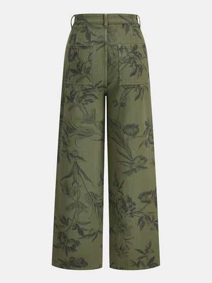 Vintage Çiçek Desenli Düz Paça Denim Pantolon