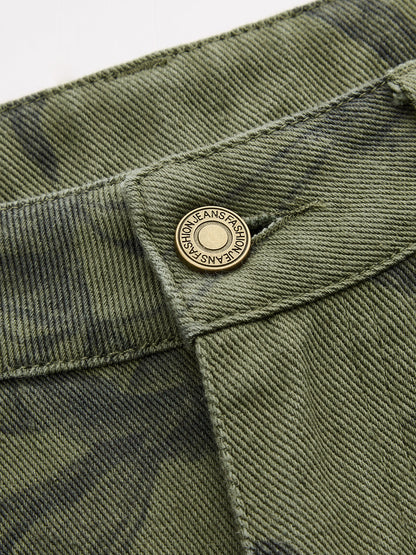 Vintage Çiçek Desenli Düz Paça Denim Pantolon