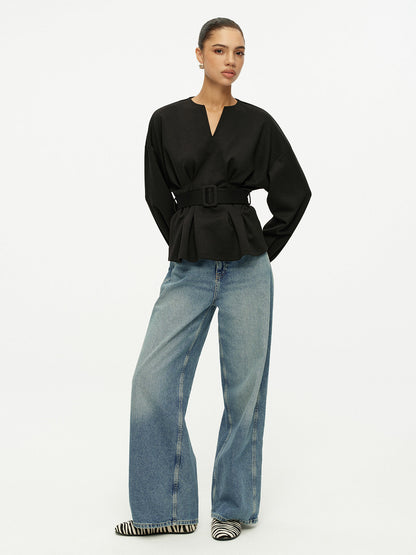 Çentikli V Yaka Kemerli Peplum Sweatshirt