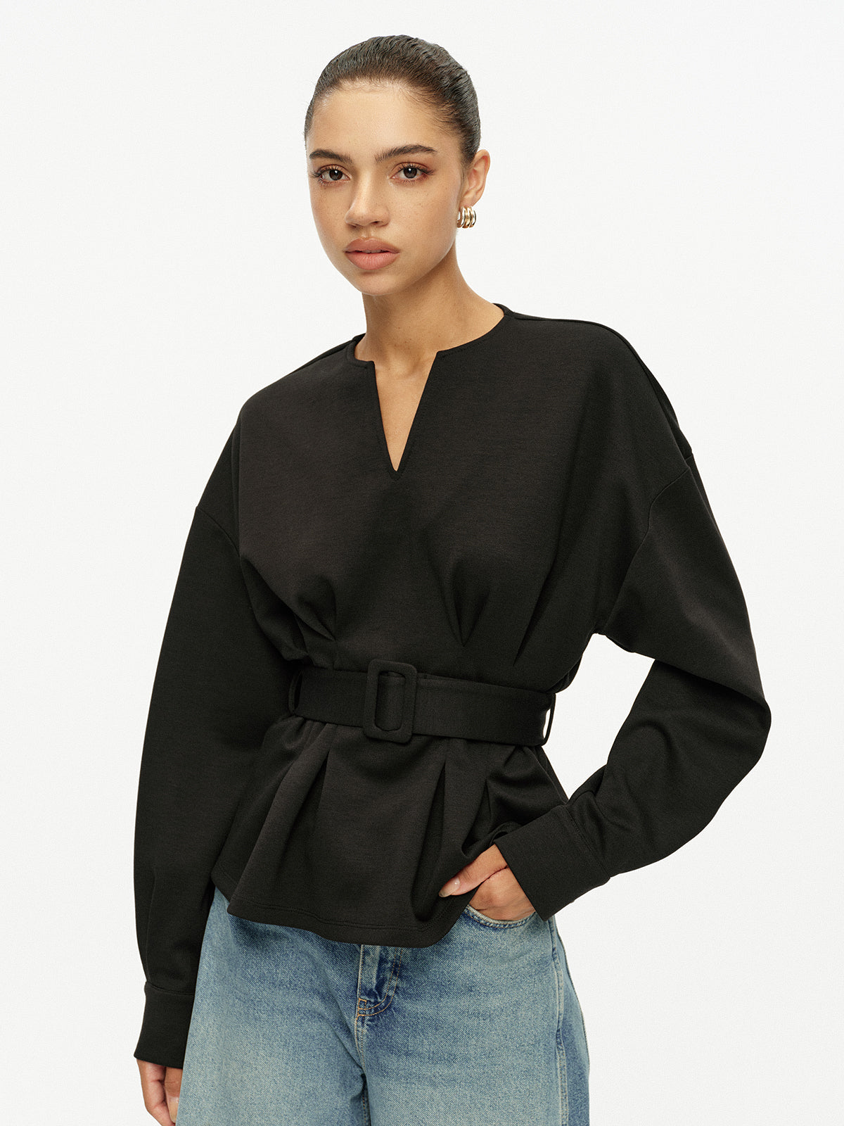 Çentikli V Yaka Kemerli Peplum Sweatshirt