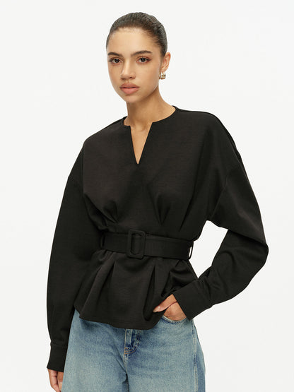 Çentikli V Yaka Kemerli Peplum Sweatshirt