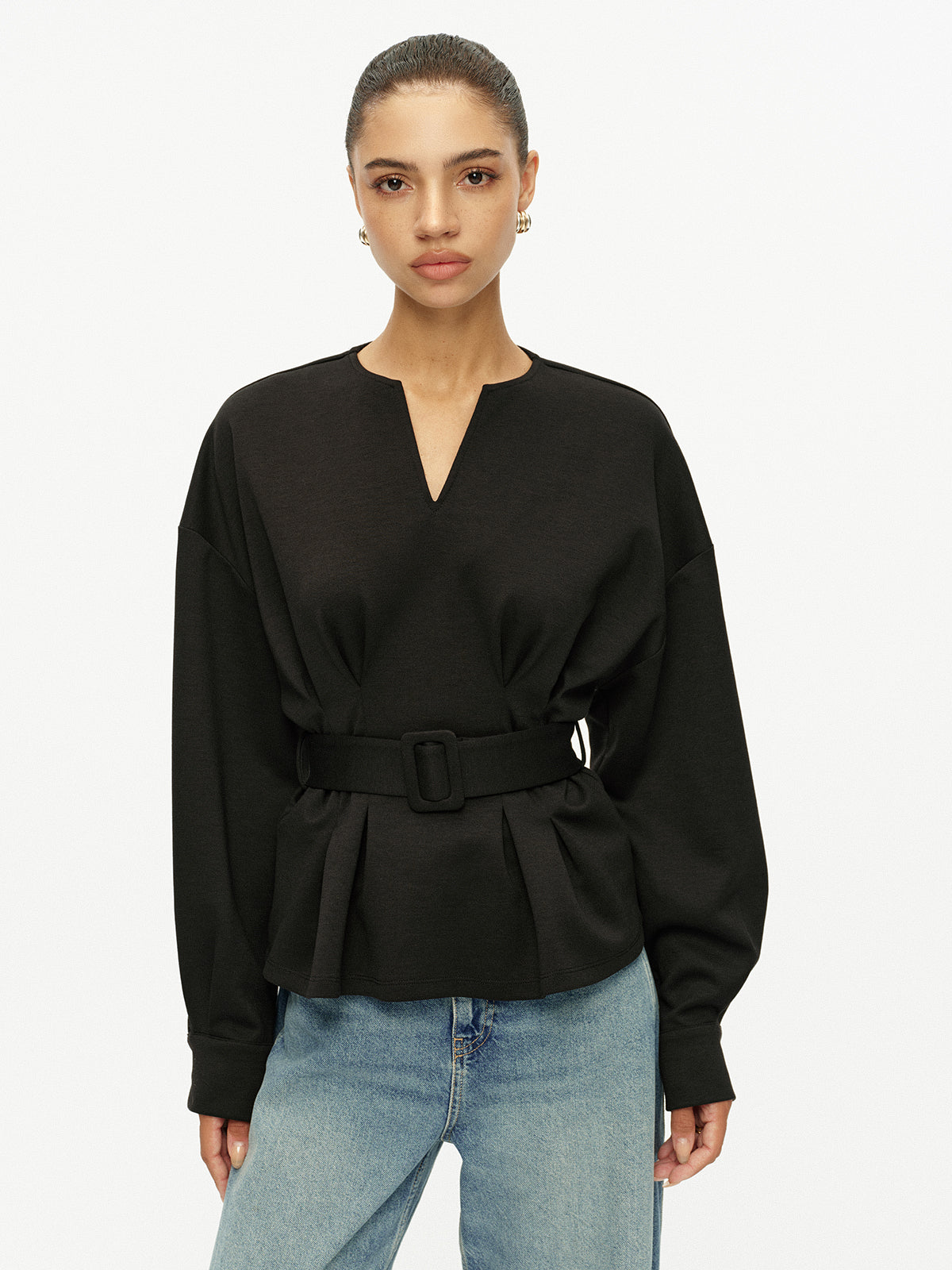 Çentikli V Yaka Kemerli Peplum Sweatshirt