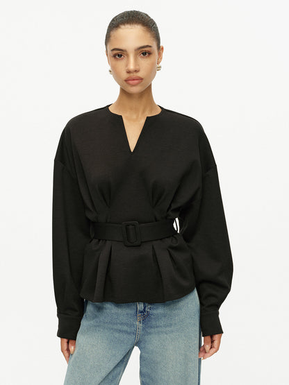 Çentikli V Yaka Kemerli Peplum Sweatshirt