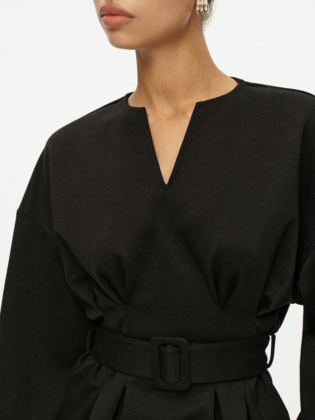 Çentikli V Yaka Kemerli Peplum Sweatshirt