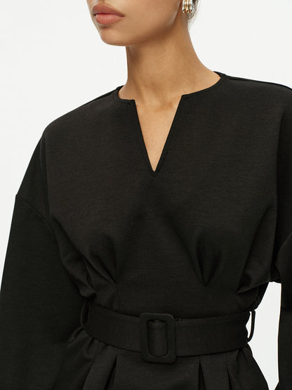 Çentikli V Yaka Kemerli Peplum Sweatshirt