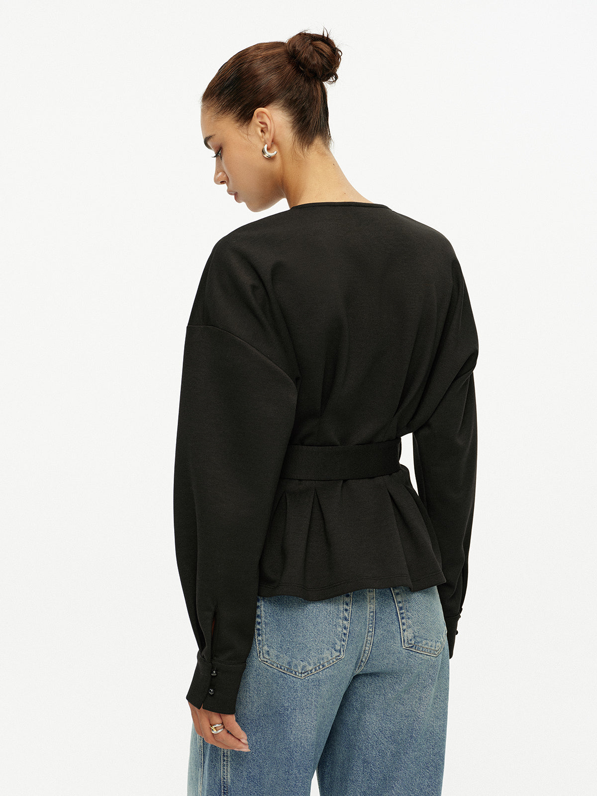 Çentikli V Yaka Kemerli Peplum Sweatshirt