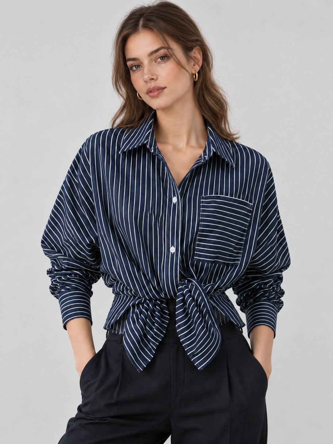Çizgili Önden Düğmeli Denim Gömlek