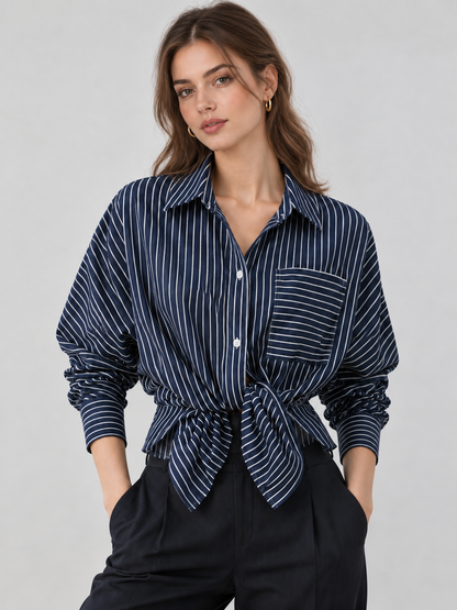 Çizgili Önden Düğmeli Denim Gömlek