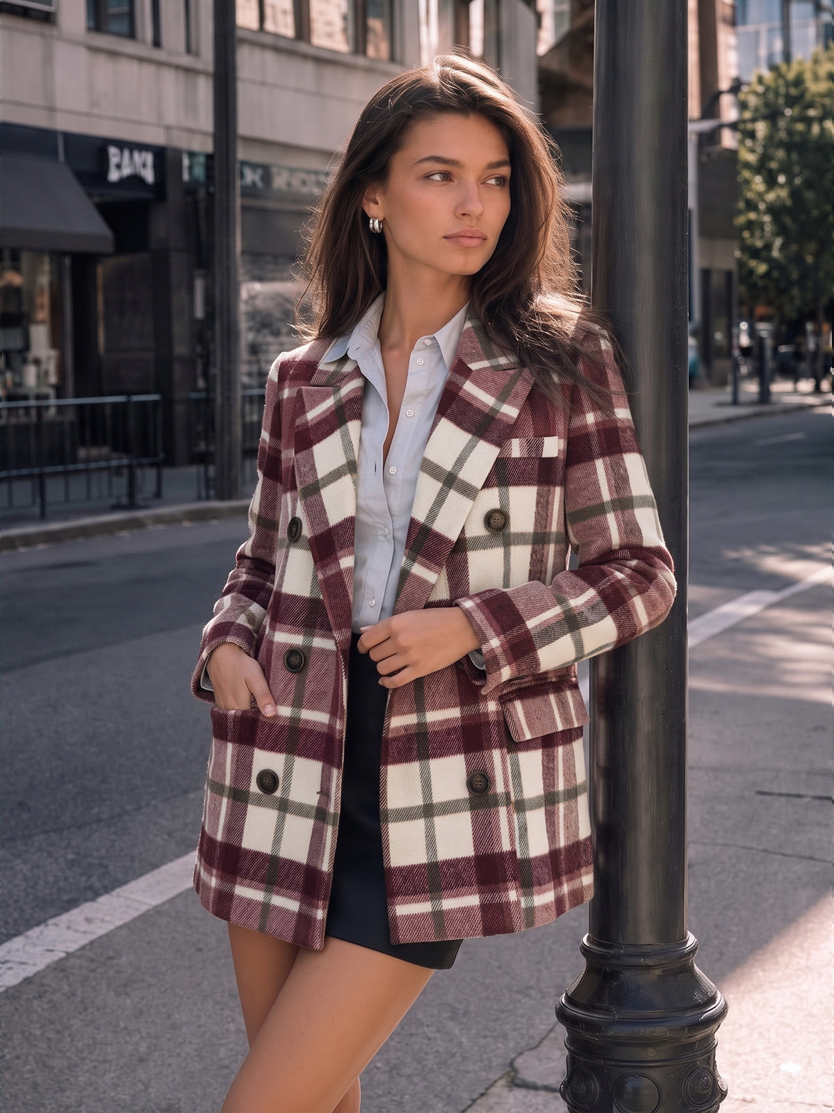 Çok Renkli Ekose Klasik Kesim Kruvaze Blazer Ceket