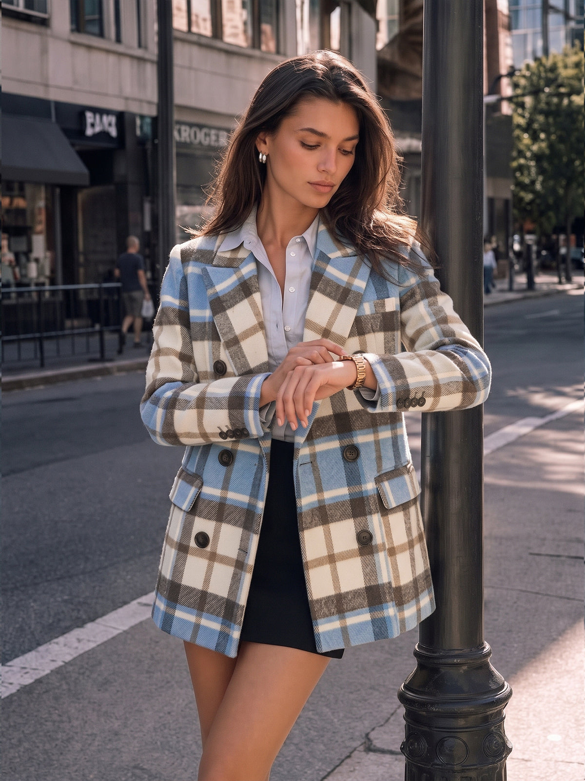 Çok Renkli Ekose Klasik Kesim Kruvaze Blazer Ceket