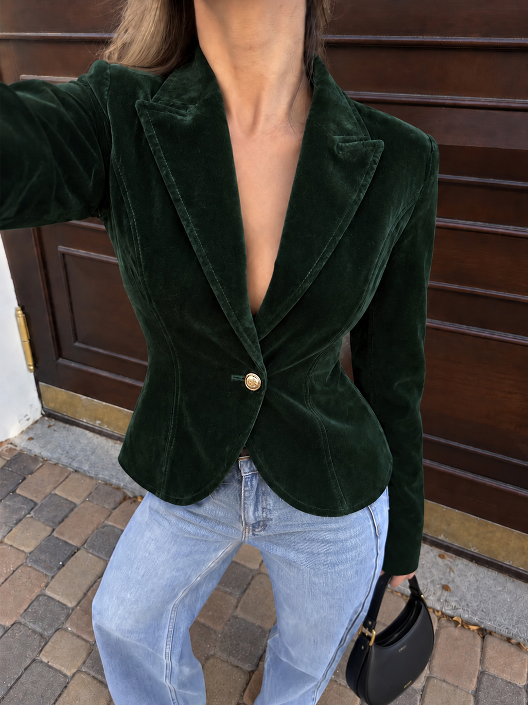 Tek Metal Düğmeli Kadife Blazer Ceket