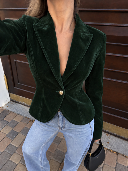 Tek Metal Düğmeli Kadife Blazer Ceket