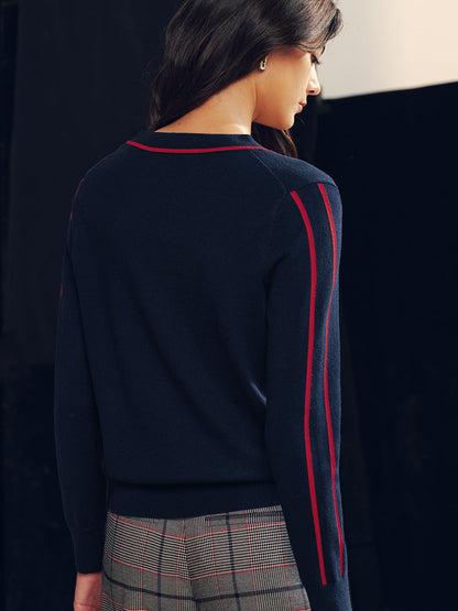 V Yaka Çizgili Yün Karışımlı Triko Hırka