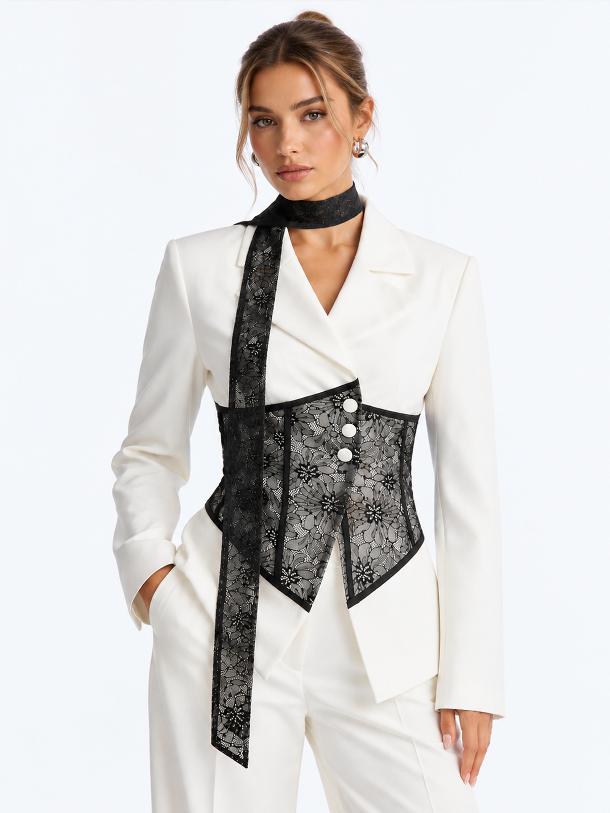 Dantel Korse Parçalı Kurdeleli Blazer Ceket