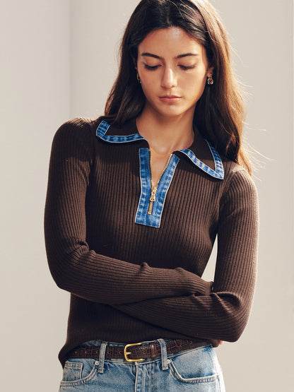 Denim Yakalı Fermuarlı Fitilli Triko Üst