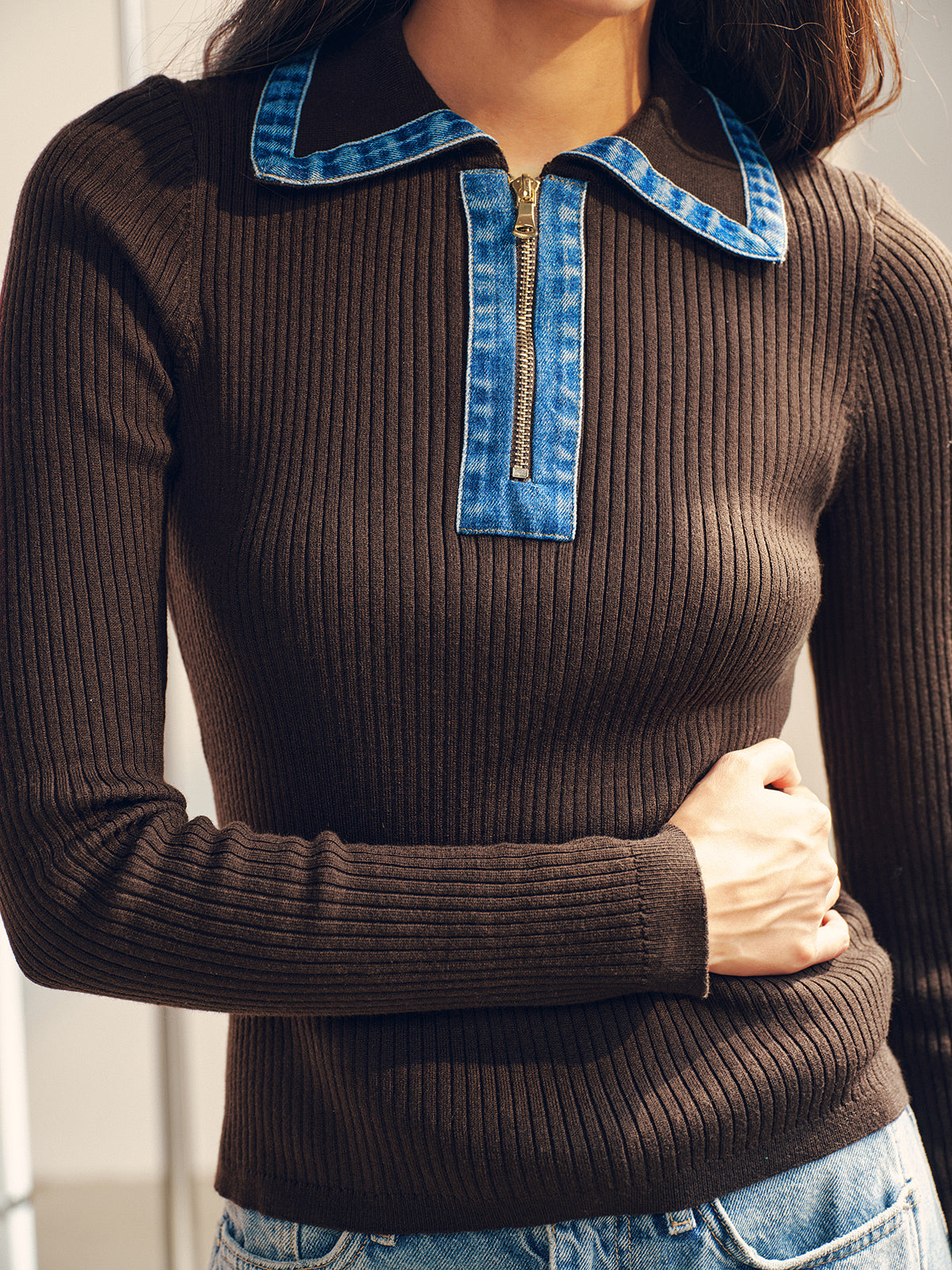 Denim Yakalı Fermuarlı Fitilli Triko Üst