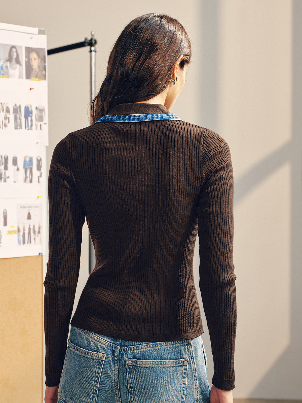 Denim Yakalı Fermuarlı Fitilli Triko Üst
