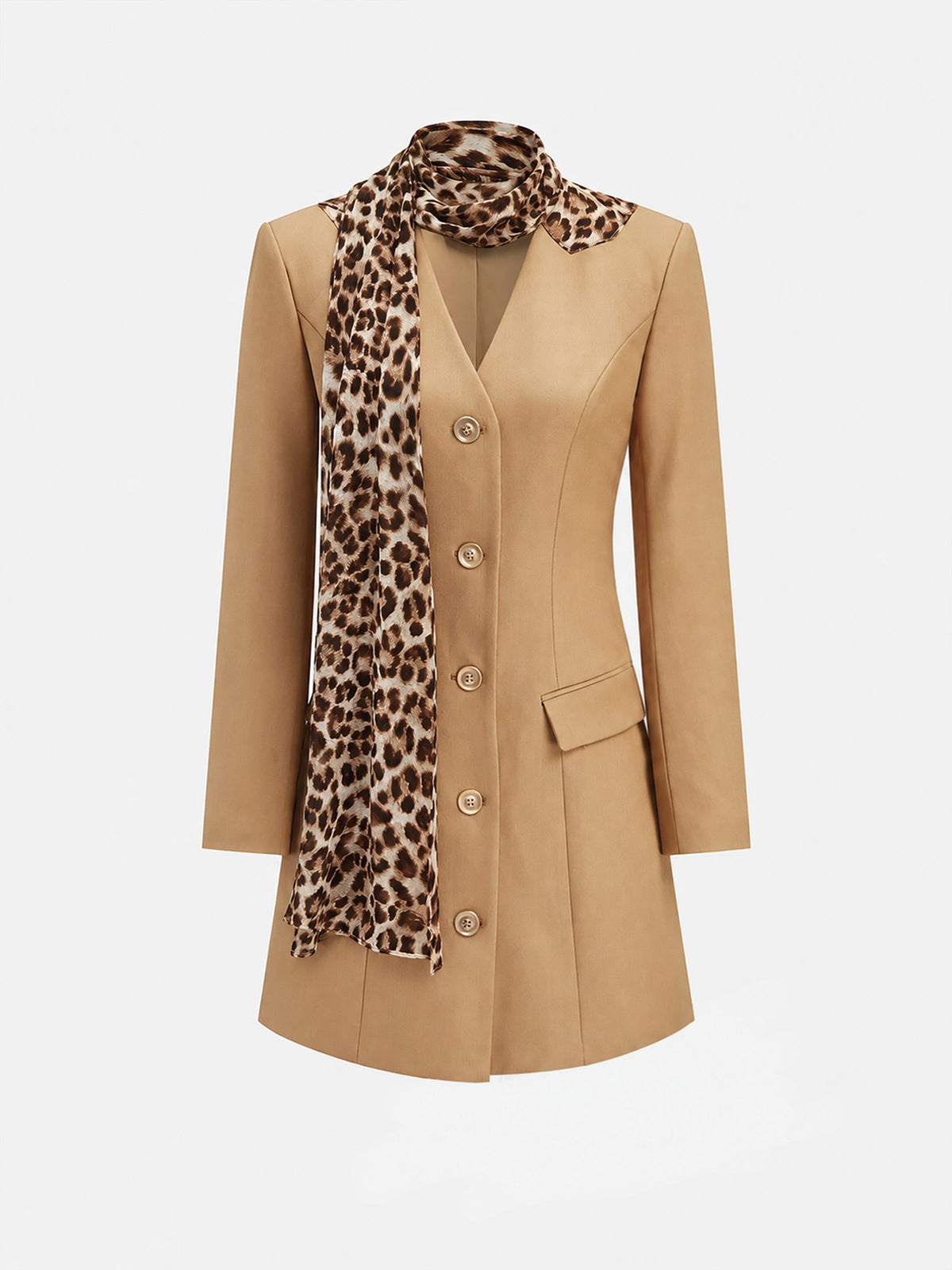 Leopar Fularlı Önden Düğmeli Blazer Mini Elbise