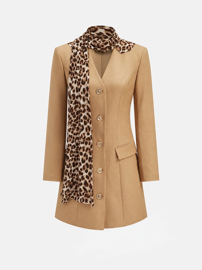 Leopar Fularlı Önden Düğmeli Blazer Mini Elbise
