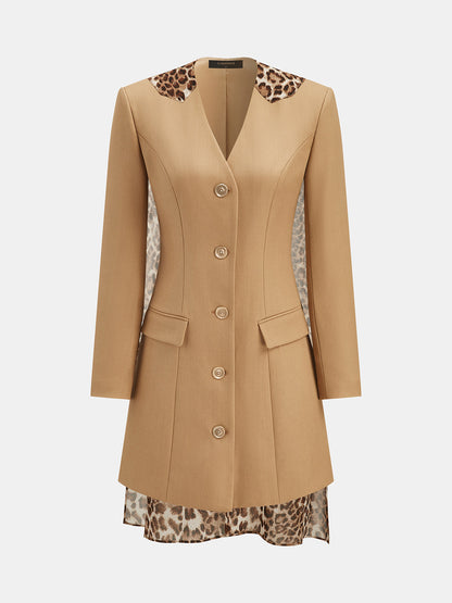 Leopar Fularlı Önden Düğmeli Blazer Mini Elbise