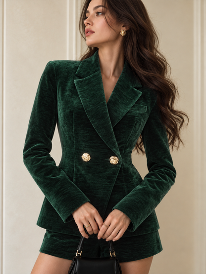 Kruvaze Kadife Blazer Ceket ve Şort Takımı