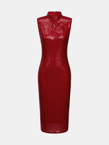 Çin Düğmeli Payetli Qipao Midi Elbise
