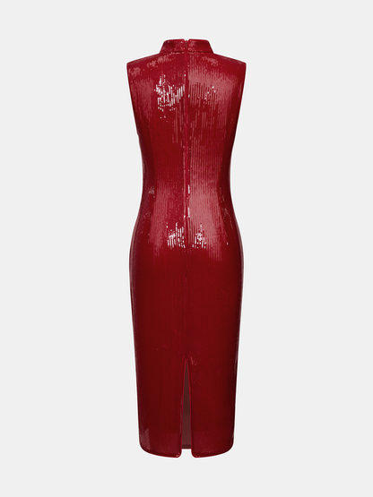 Çin Düğmeli Payetli Qipao Midi Elbise