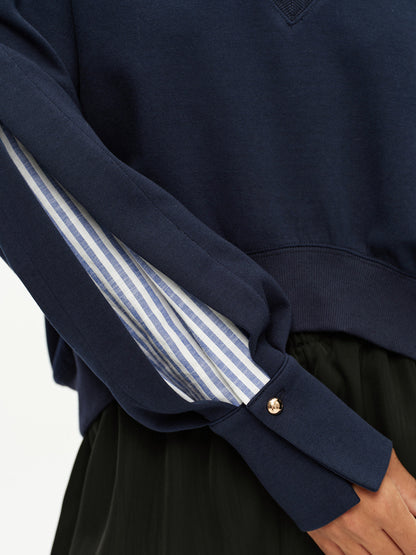 Çizgili Kollu Parçalı V Yaka Sweatshirt