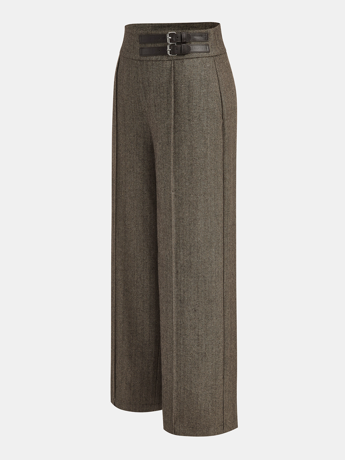 Balıksırtı Desenli Çift Tokalı Bol Paça Pantolon