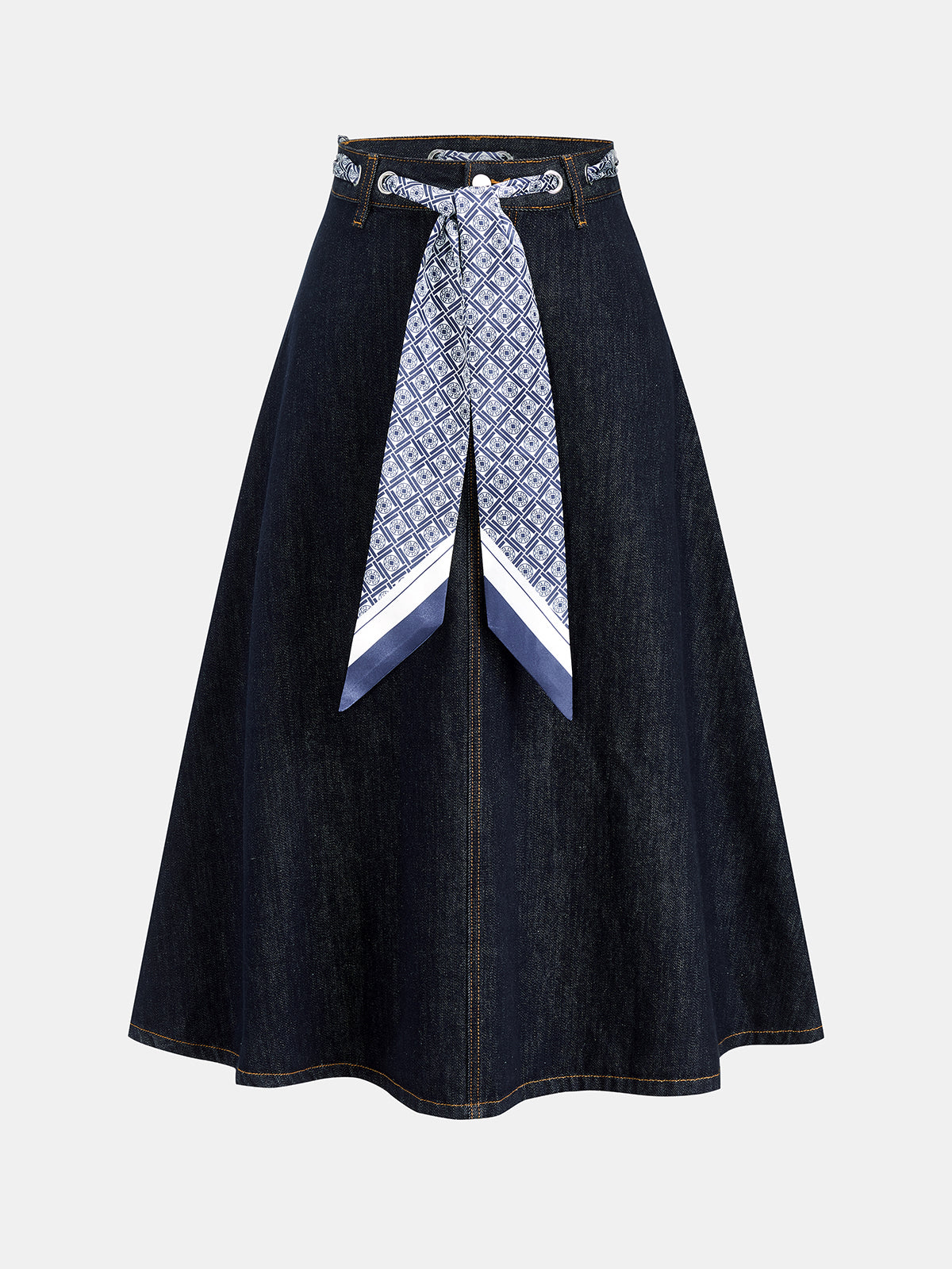 Fular Desenli Bağlama Detaylı Denim Midi Etek