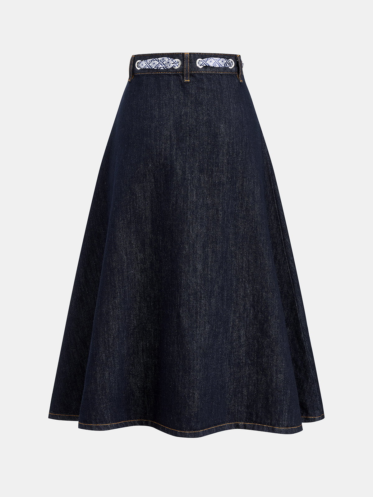 Fular Desenli Bağlama Detaylı Denim Midi Etek